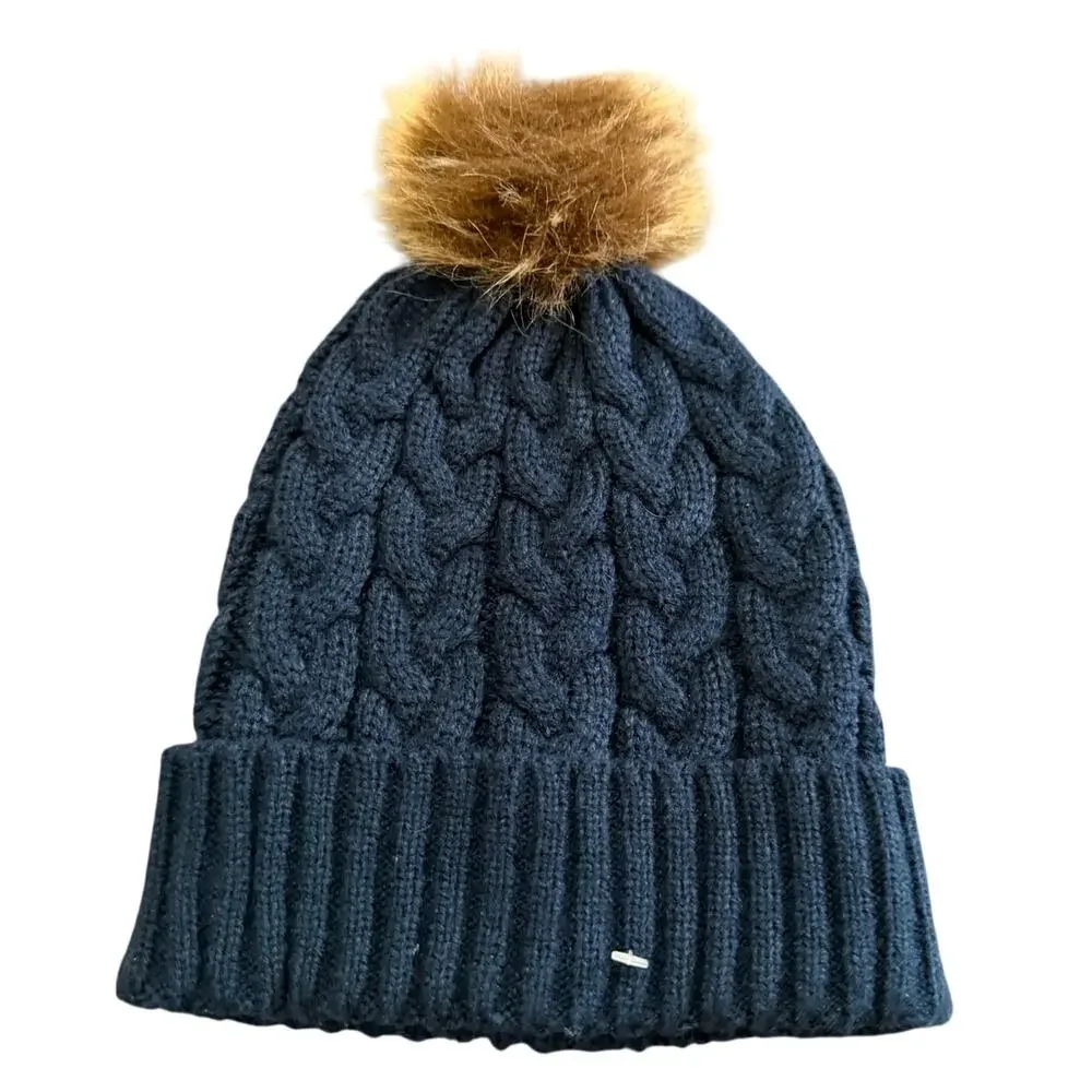Winter Beanie Womens Cable Knit OS Navy Blue Pompom Faux Fur Hat